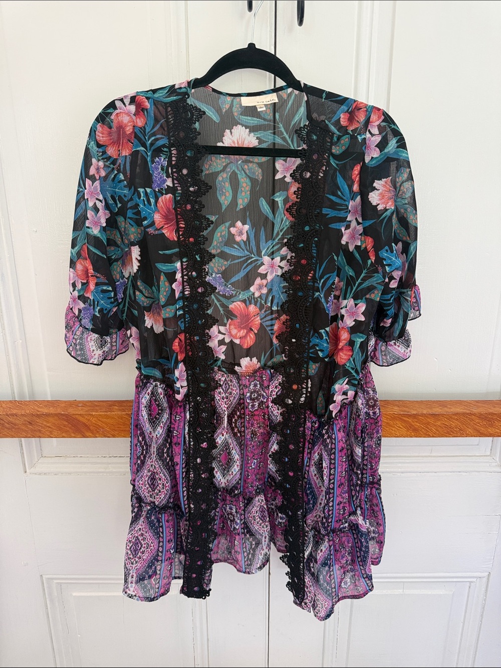 Tru Self floral Sheer Kimono Top in Black and Purple